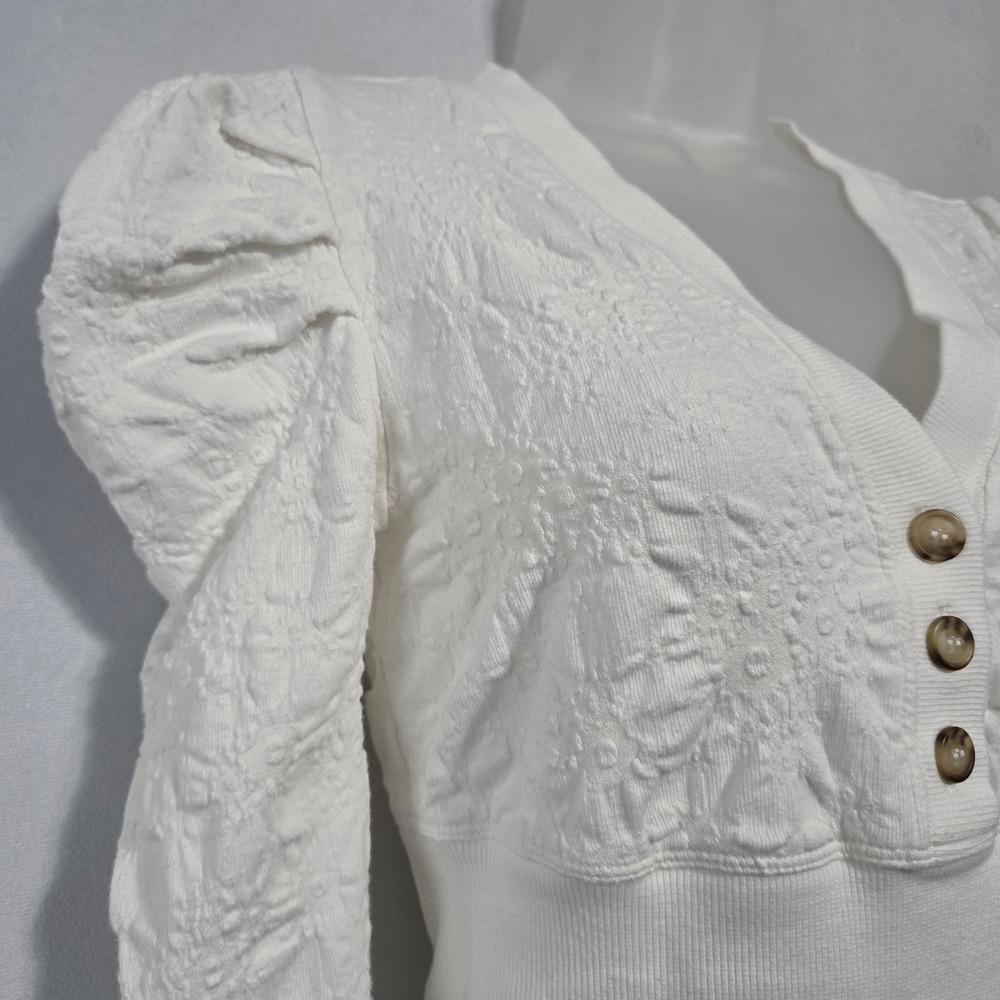 Free People Puff Sleeve Top XS White Textured Boho Romantic Victorian Cottage - Picture 10 of 12